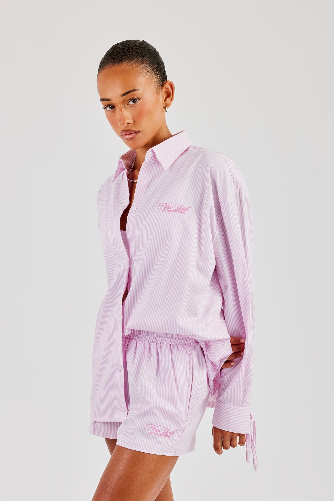 Oversized Stripe Tie Sleeve Shirt & Button Detail Short - Pink